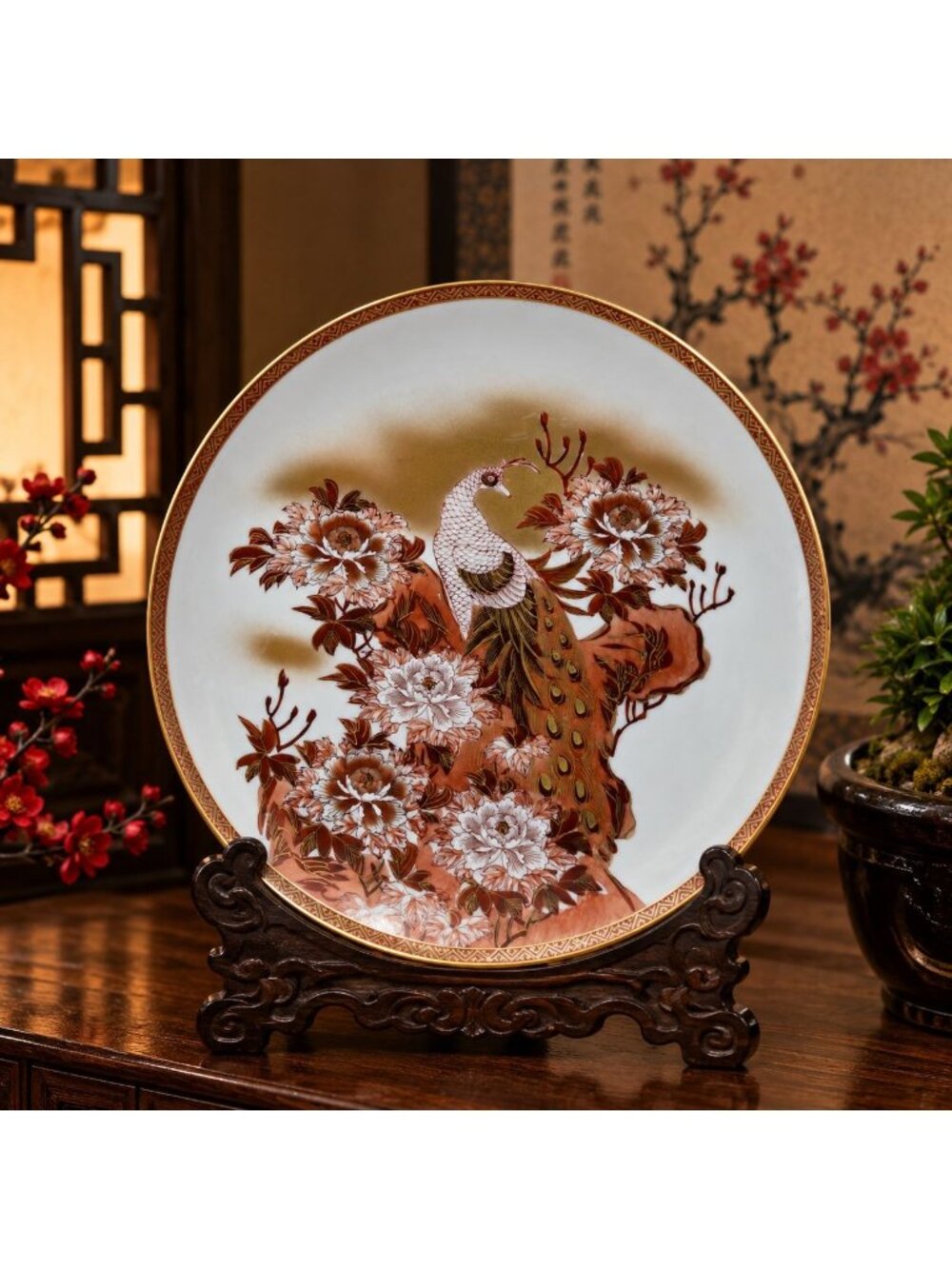 Kutani Peacock Peony Plate Gold from the Meiji period